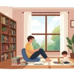 uma casa bem organizada, um homem sentado em uma almofada no chão de sua biblioteca, perto de uma janela, trabalhando em um computador. A sua frente uma criança brincando com seus bloquinhos.