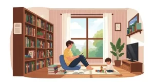 uma casa bem organizada, um homem sentado em uma almofada no chão de sua biblioteca, perto de uma janela, trabalhando em um computador. A sua frente uma criança brincando com seus bloquinhos.