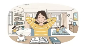 1-mulher-feliz-com-os-brancos-na-nuca-descansando-aliviada-as-criancas-brincando-ao-lado.-na-mesa-uma-xicara-de-cha-e-uma-agenda