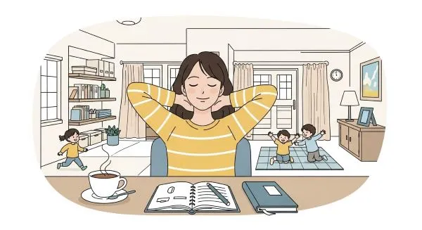 1-mulher-feliz-com-os-brancos-na-nuca-descansando-aliviada-as-criancas-brincando-ao-lado.-na-mesa-uma-xicara-de-cha-e-uma-agenda