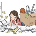 Garota-estudando-em-varios-livro-e-cadernos-cesto-de-roupa-e-caixa-de-materiais-esportivos-ao-lado