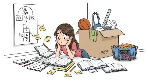 Garota-estudando-em-varios-livro-e-cadernos-cesto-de-roupa-e-caixa-de-materiais-esportivos-ao-lado