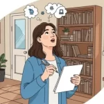 mulher em pé na biblioteca de uma casa, com um bloco de papel em uma mão e canetas na outra mão. De olhar virado para cima, olha atentamente e admirada, os pensamentos saindo de sua cabeça em pequenas nuvens e símbolos.