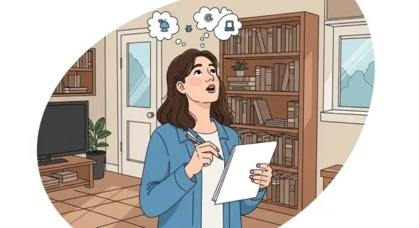 mulher em pé na biblioteca de uma casa, com um bloco de papel em uma mão e canetas na outra mão. De olhar virado para cima, olha atentamente e admirada, os pensamentos saindo de sua cabeça em pequenas nuvens e símbolos.