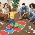 familiares-ensinando-uma-criança-apular-amarelinha-na-sala-de-estar