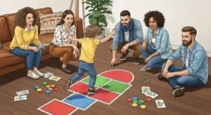 familiares-ensinando-uma-criança-apular-amarelinha-na-sala-de-estar