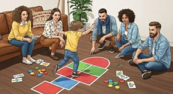 familiares-ensinando-uma-criança-apular-amarelinha-na-sala-de-estar