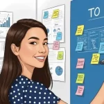 garota-escrevendo-em-post-it-num-quadro-azul