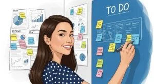 garota-escrevendo-em-post-it-num-quadro-azul