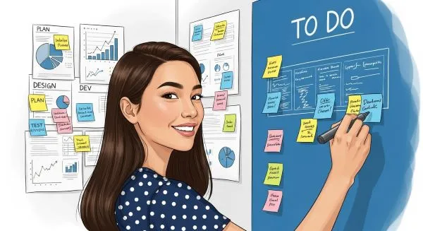 garota-escrevendo-em-post-it-num-quadro-azul