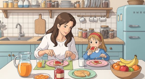 ilustração-de-mãe-e-filha-comendo-na-cozinha