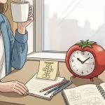 ilustracao-de-mulher-parada-proxima-de-um-mesa-tomando-cha-na-mesa-um-relogio-pomodoro