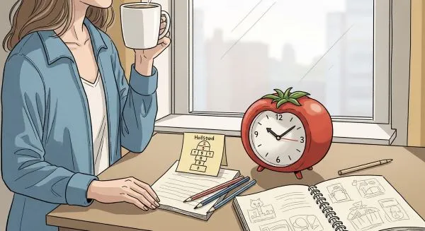 ilustracao-de-mulher-parada-proxima-de-um-mesa-tomando-cha-na-mesa-um-relogio-pomodoro