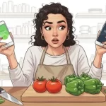 ilustracao-de-mulher-segurando-em-cada-mao-um-celular-numa-bancada-de-cozinha2