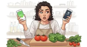 ilustracao-de-mulher-segurando-em-cada-mao-um-celular-numa-bancada-de-cozinha2