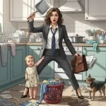 mulher-com-crianca-na-cozinha-baguncada