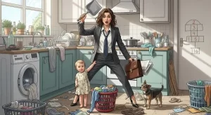 mulher-com-crianca-na-cozinha-baguncada