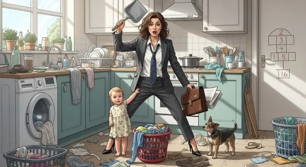 mulher-com-crianca-na-cozinha-baguncada