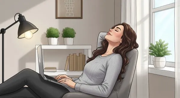 mulher-descansando-numa-poltrona-apos-trabalhar-no-noteboo