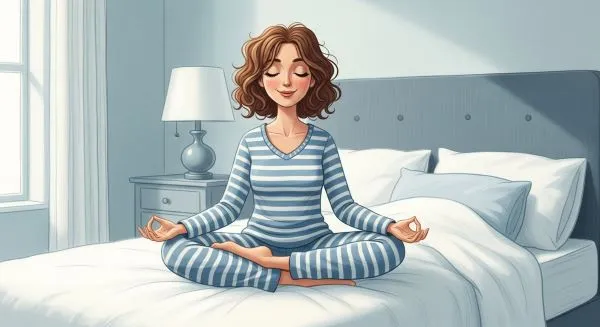 mulher-em-postura-de-lotus-em-cima-de-uma-cama-vestindo-pijama