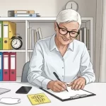 mulher-idosa-escrevendo-em-uma-prancheta-sentada-em-uma-mesa