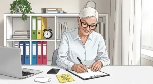 mulher-idosa-escrevendo-em-uma-prancheta-sentada-em-uma-mesa