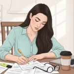 mulher-jovem-escrevendo-a-lapis-sentada-em-uma-mesa-de-sala-de-estar