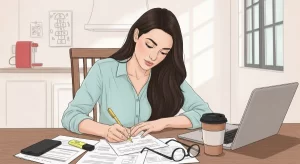 mulher-jovem-escrevendo-a-lapis-sentada-em-uma-mesa-de-sala-de-estar