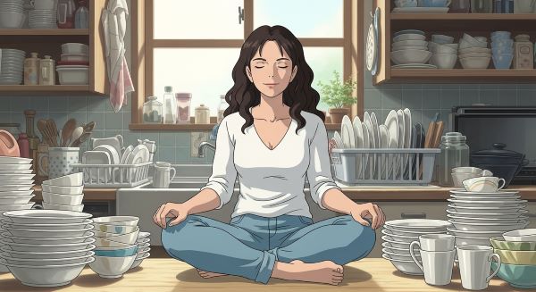 mulher-meditando-na-cozinha-em-meio-ao-caos-de-louças-e-pratos