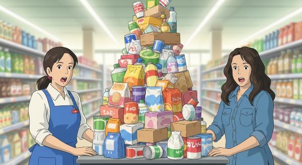 mulher-no-supermercado-comprando-uma-mutidão-de-mantimentos