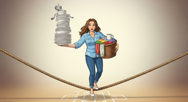mulher-se-equilibrando-em-uma-corda-com-pratos-e-cesto-nas-mãos