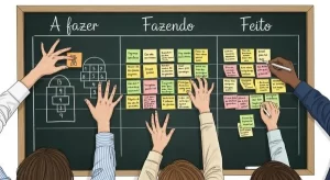 pessoas-colando-post-it-em-um-quadro-azul