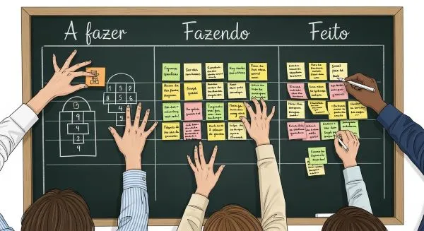 pessoas-colando-post-it-em-um-quadro-azul