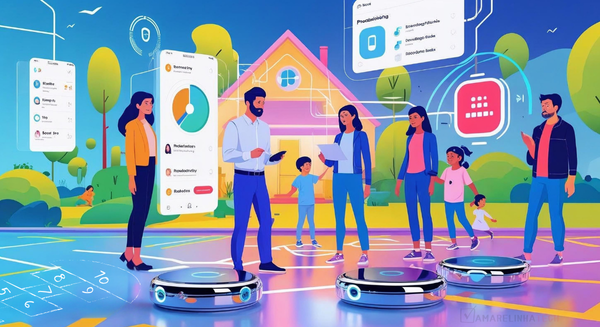 Tecnologia: Pulos Estratégicos na amarelinha da produtividade -ilustrcao-flat-design-de-pessoas-em-uma-quadra-vendo-varias-projecoes-de-tecnologia-no-ar