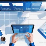 Uma-mesa-de-trabalho-com-um-laptop-smartphone-e-tablet-exibindo-apps-de-produtividade-com-uma-amarelinha-digital-desenhada-na-tel