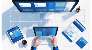 Uma-mesa-de-trabalho-com-um-laptop-smartphone-e-tablet-exibindo-apps-de-produtividade-com-uma-amarelinha-digital-desenhada-na-tel