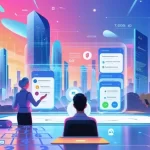 ilustração de colegas num ambiente de trablho tecnologico