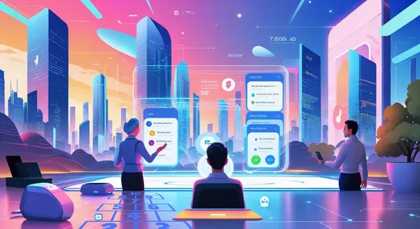 ilustração de colegas num ambiente de trablho tecnologico