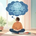 ilustracao-de-uma-pessoa-meditando-ou-escrevendo-em-um-caderno-com-uma-amarelinha-mental-quadrados-conectados-por-pensamentos-ao-fundo