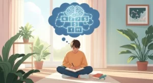 ilustracao-de-uma-pessoa-meditando-ou-escrevendo-em-um-caderno-com-uma-amarelinha-mental-quadrados-conectados-por-pensamentos-ao-fundo