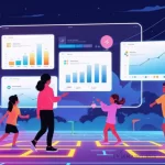 ilustrcao-flat-design-de-pessoas-em-uma-quadra-vendo-varias-projecoes-de-tecnologia-no-ar
