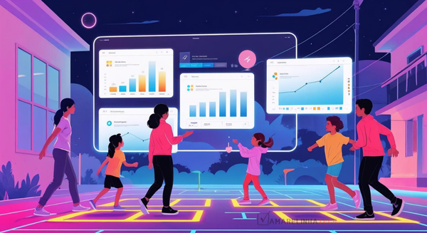 ilustrcao-flat-design-de-pessoas-em-uma-quadra-vendo-varias-projecoes-de-tecnologia-no-ar