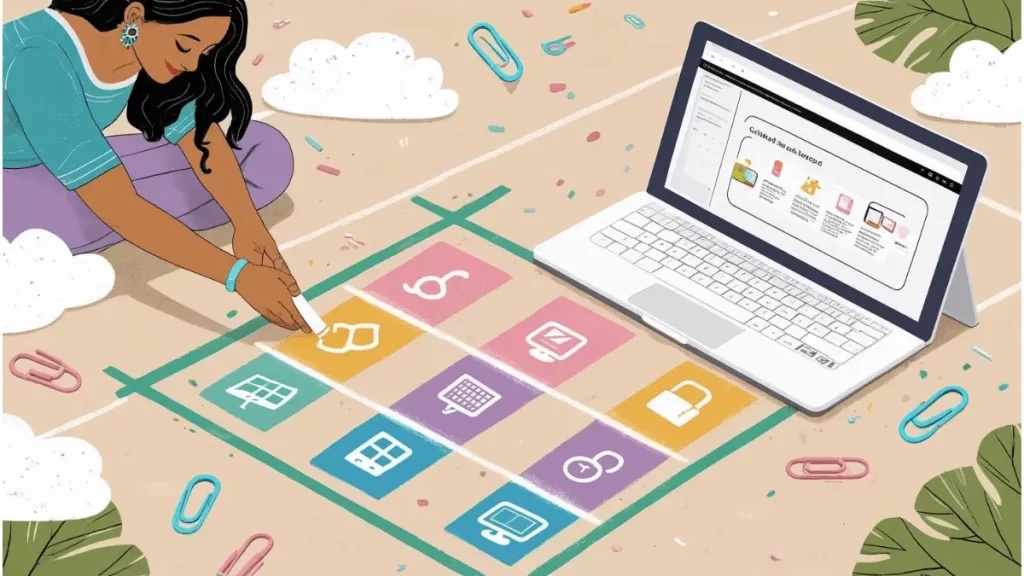 Ilustração de amarelinha com ícones de tecnologia e tutorial visual, representando aprendizado leve e acessível.