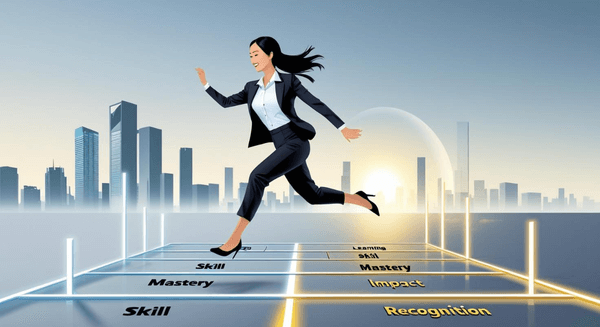 Uma pessoa (pode ser gênero neutro, ou com foco em silhueta, vestindo traje profissional elegante, como um blazer ou camisa social) em pleno salto sobre uma amarelinha.