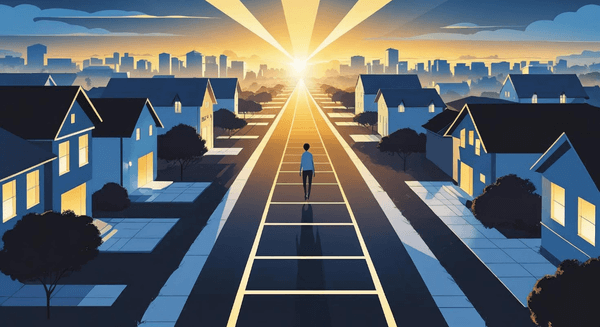 Uma perspectiva aérea ou de "primeira pessoa" de um caminho que se desenha como uma amarelinha, estendendo-se à distância.