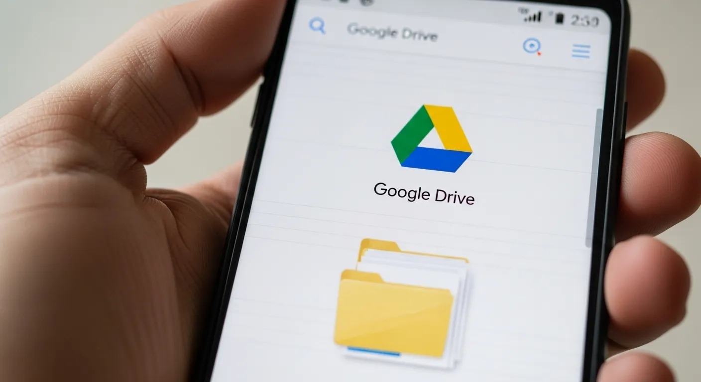 mão segurando um celular mostrando o logo do google drive