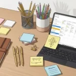 computador-e-agenda-lapis-e-canetas-coloridas-em-cima-de-uma-mesa