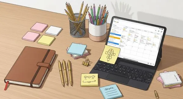 computador-e-agenda-lapis-e-canetas-coloridas-em-cima-de-uma-mesa