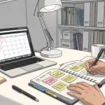 mulher-escrevendo-numa-agenda-numa-mesa-de-trabalho